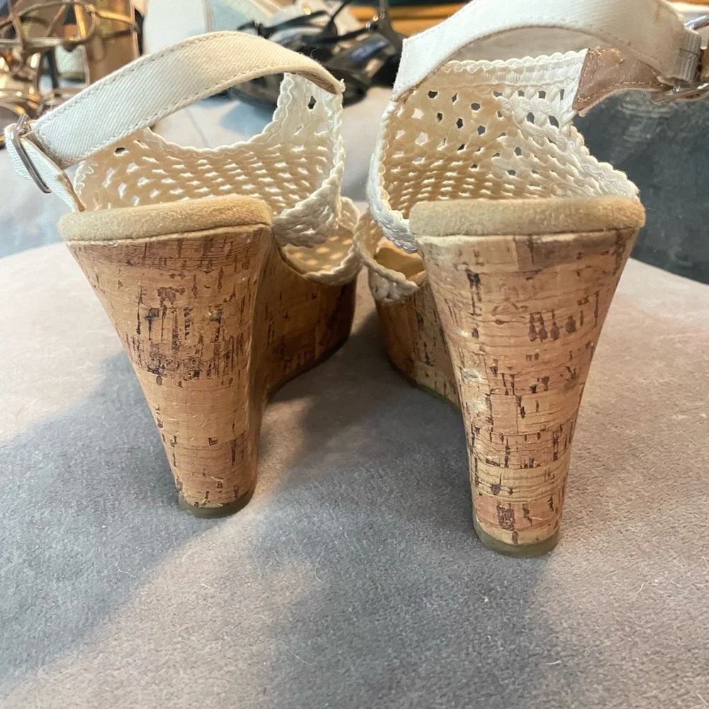 Woven White Cork Wedge Sandals - Women's
